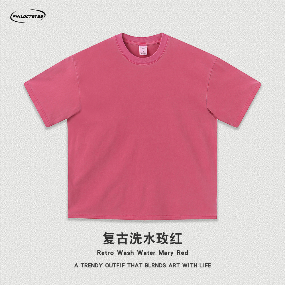 Comercio exterior pesado 260g flor frita apenado color sólido de manga corta Camiseta hombres y mujeres sueltos lavados camiseta de marca de moda estadounidense transfronteriza