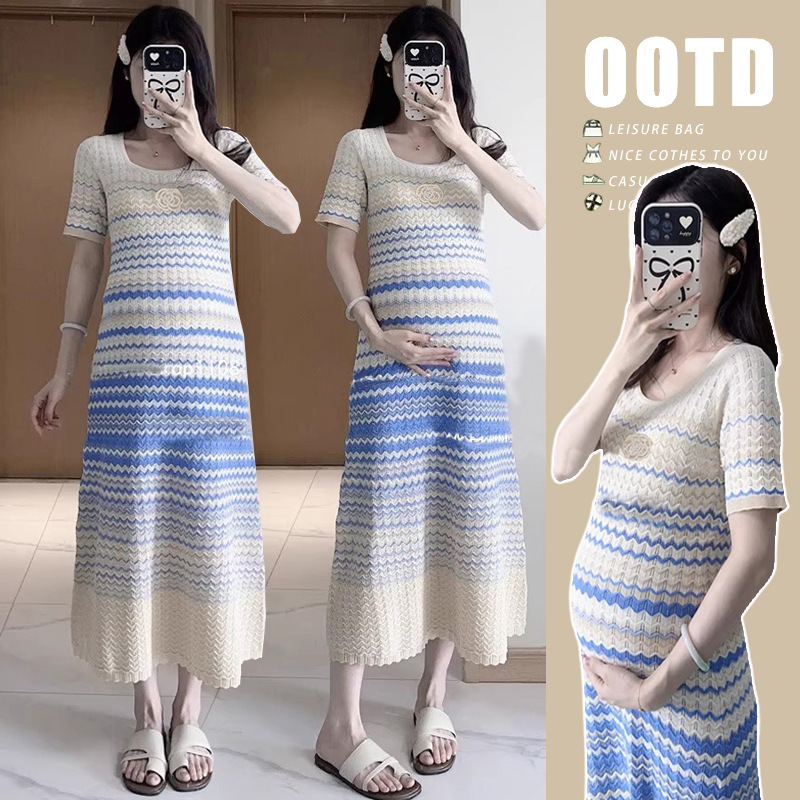 In stock # Maternity Dress Summer 2025 New Korean Style Loose Camellia Gradient Short Sleeve Knitted Long Dress Women