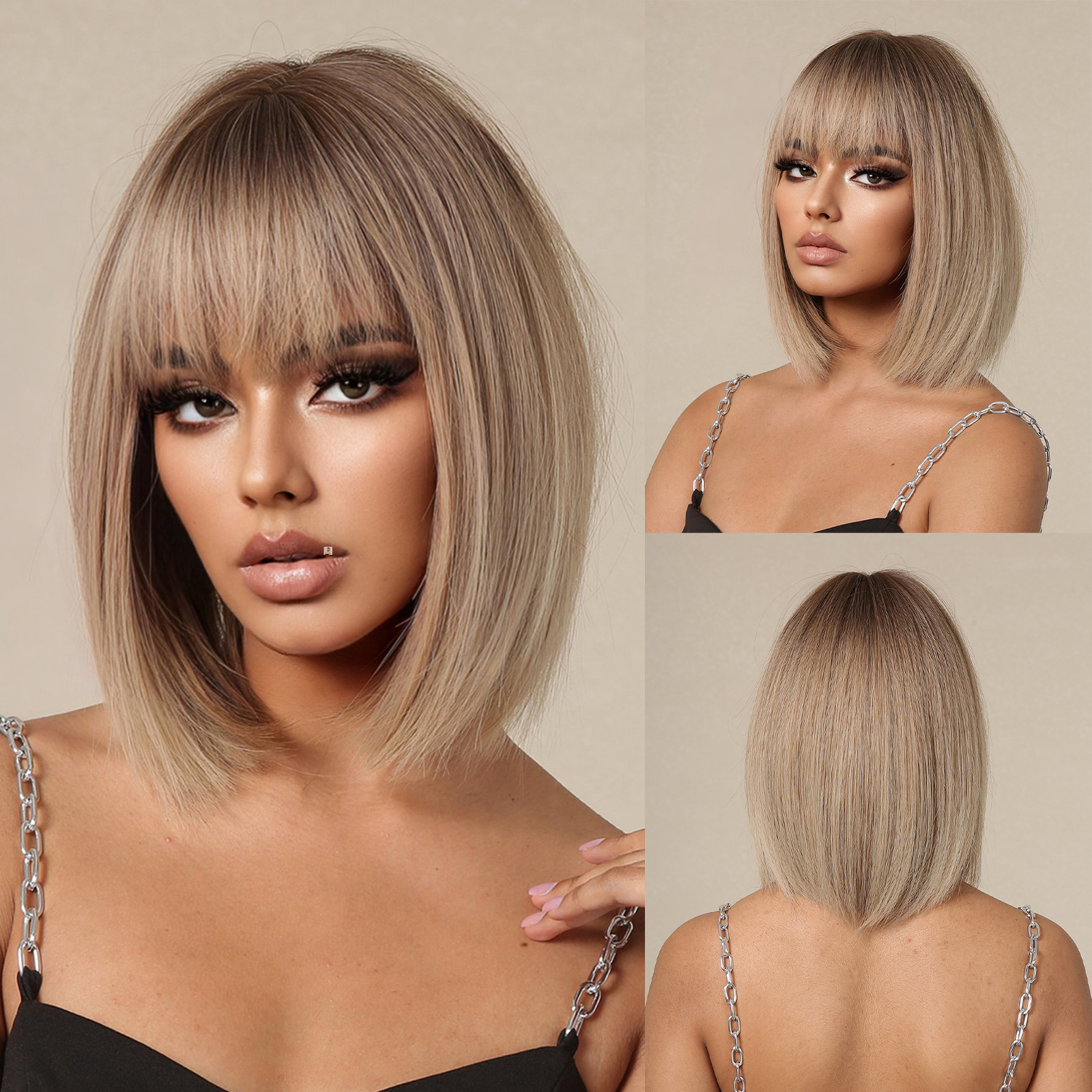 Peluca Bob Corta y Lisa para Mujer de Fibra Sintética, Con Flequillo, Refrescante, para Verano image 18