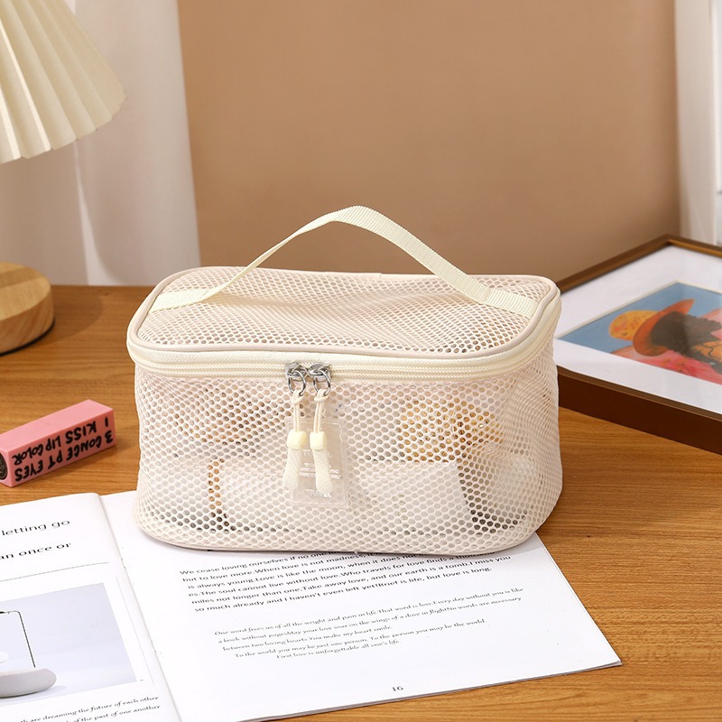 Bolsa de cosméticos estilo ins, bolsa de almacenamiento de zona de cosméticos de malla portátil portátil de gran capacidad
