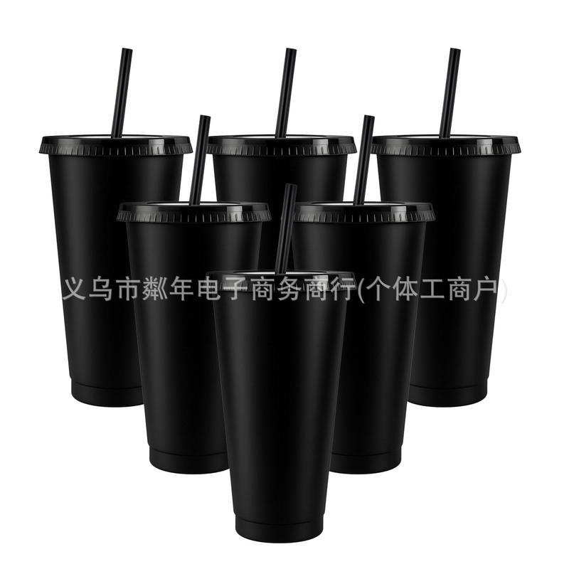 24oz Plastic Straw Cup with Lid Cup Reusable Pure Black Cup for Cold Drink Ice Coffee Flat Cup