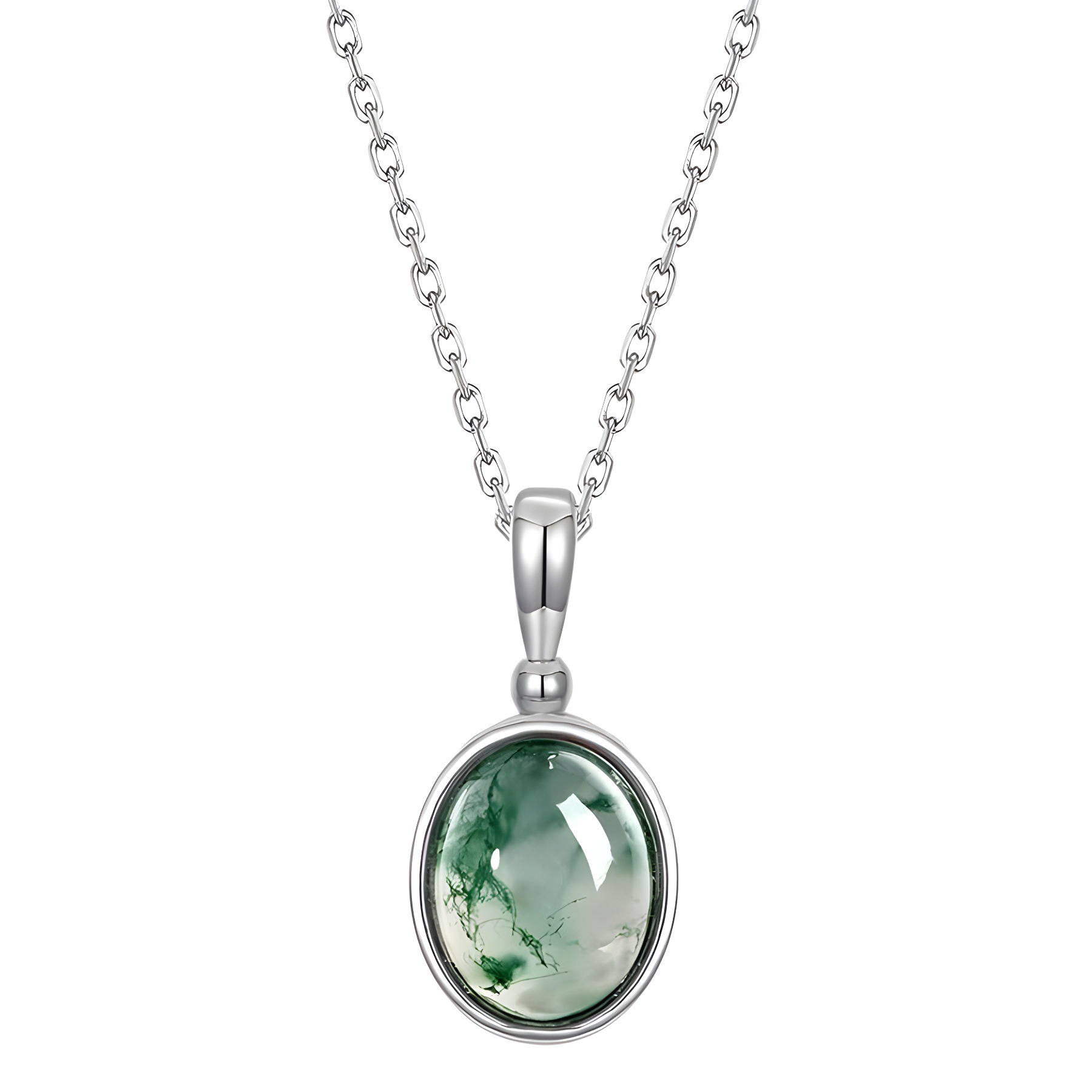 Colgante de ágata de agua natural brillante con incrustaciones hechas a mano de nuevo estilo transfronterizo S925 colgante de clavícula de piedra de musgo verde con incrustaciones de plata