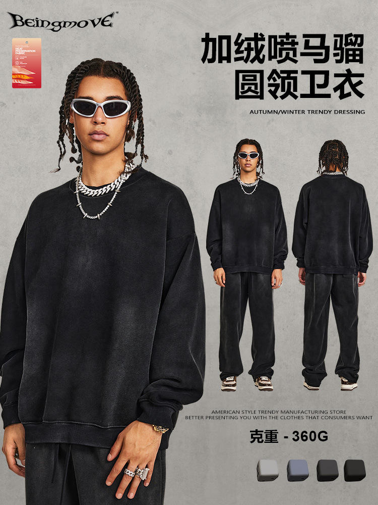 2025 otoño estilo americano marca de moda europea lavado con agua pesado cuello redondo chaqueta de gran tamaño para hombres con peluche grueso suelto vestido de pareja