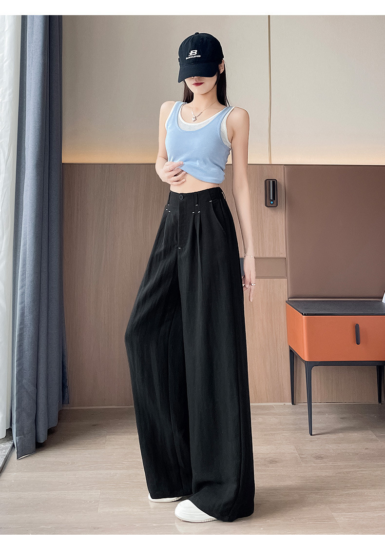 Quần ống rộng vải lụa băng đa năng nữ, phong cách sang trọng mỏng nhẹ mùa hè, quần ống đứng vải lanh Tencel — Màu xanh hải quân (kiểu thông thường) chi tiết 42