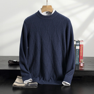 Autumn and Winter New Pure Cashmere Knitwear Round Neck Pullover Diamond Plaid Men's Soft and Comfortable Cashmere Knitwear Outer Knitwear