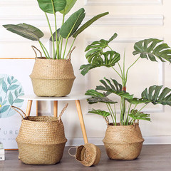 Nordic seagrass woven flower basket home living room piano leaf flower pot ornaments flower basket rattan woven portable straw flower pot home
