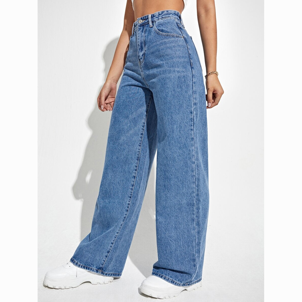 High-Waisted Straight Leg Jeans Women's Loose Fit Wide Leg Pants Solid Color European American Style Petite Size Autumn Winter_ecoleips.com
