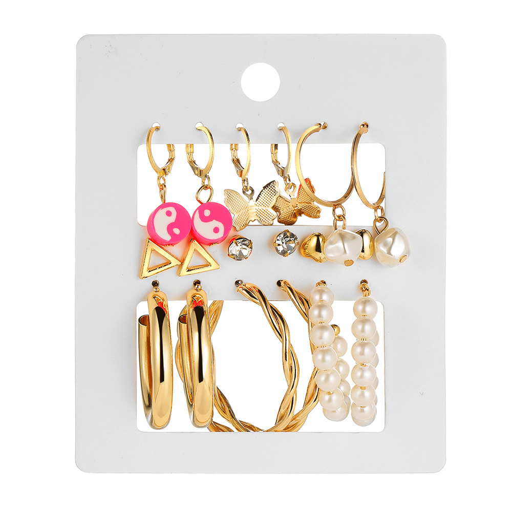 Creative Retro Pearl Geometric C-shape Butterfly Heart Earrings 9 Piece Set display picture 2