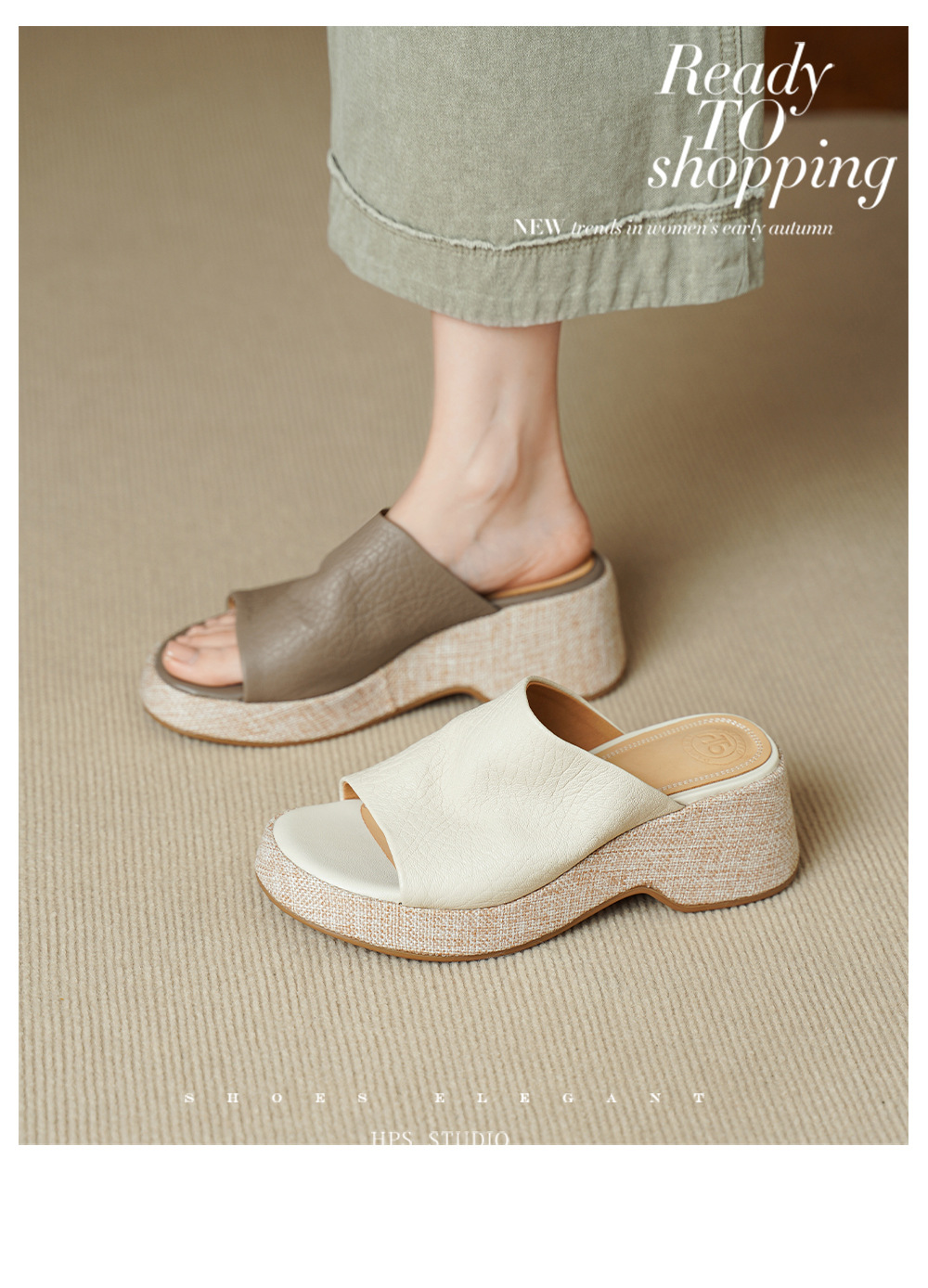Sandal nữ da cừu gót xuồng hở mũi quai ngang đế dày — Xám voi chi tiết 2