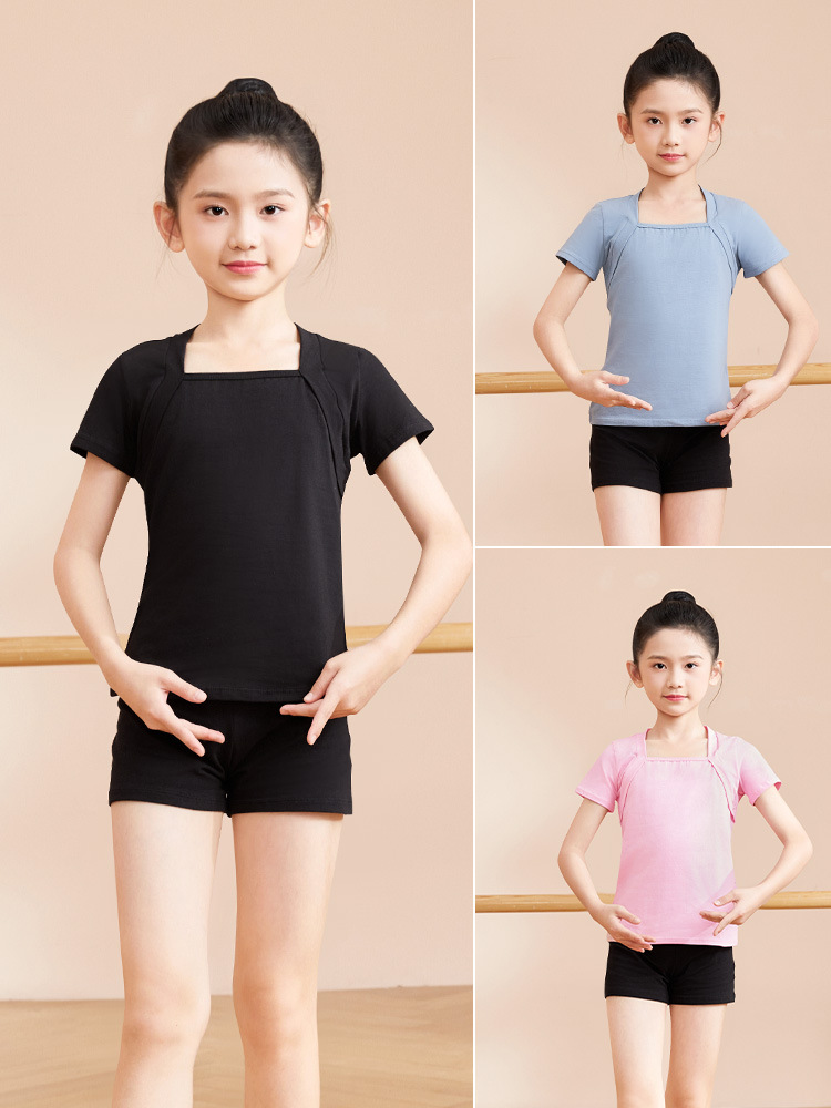 Ropa de baile para niños Ropa de práctica de dos piezas para niñas de verano Cuello cuadrado de algodón de manga corta Top de dos piezas falso Ropa de baile chino para niños