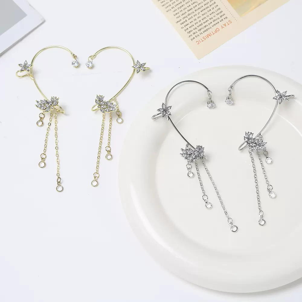 跨境新款麦穗耳挂水滴镶钻流苏耳坠轻奢时尚高级感百搭超仙耳骨夹