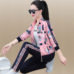運動套裝女士春秋2024新款時尚潮牌立領衛衣顯瘦印花休閒服兩件套