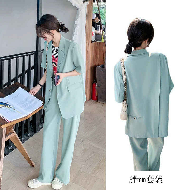 [Спот] Большой размер женщины с короткими рукавами тонкий костюм, толстый мм, тонкие широкие брюки, повседневные два комплекта 22306