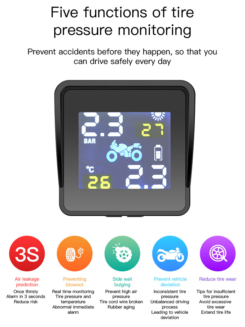 Cross-Border External Two-Wheel Motorcycle Wireless Tire Pressure Monitoring System Tpms High-Precision Tire Pressure Bluetooth with Screen Display