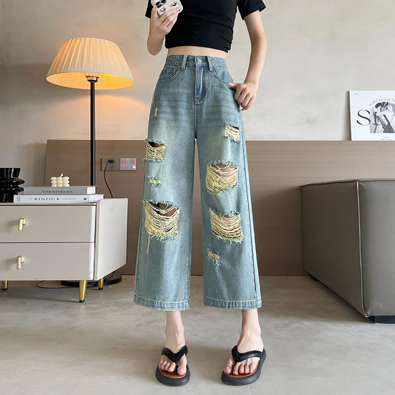 Women's Summer New Style Vintage Blue Ripped Wide-Leg Cropped Jeans, Slimming Straight-Leg Distressed Pants for Petite Figures Women's Summer New Style Vintage Blue Ripped Wide-Leg Cropped Jeans, Slimming Straight-Leg Distressed Pants for Petite Figures