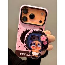 创意粉波点黑发爆炸头哭泣女孩适用iphone17promax苹果16手机壳15