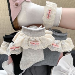 バレエ風刺繍レースミッドカーフソックス女性用春と夏のメッシュ通気性綿ソックス女の子韓国布ラベルパイルソックス