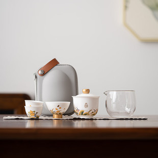 Su's Ceramic National Tide Seawater Jiangya Sheep Fat Jade Kung Fu Travel Tea Set Portable Express Cup Outdoor Handbag