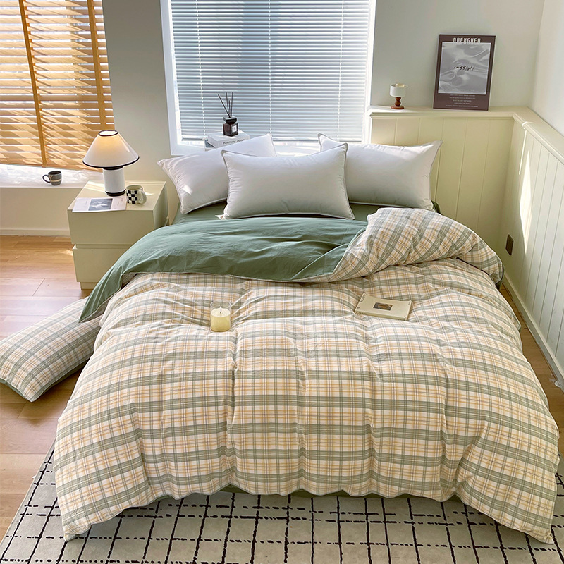 Juego de tres piezas de algodón lavado teñido en hilo, dormitorio de estudiantes universitarios, juego de literas, sábana, sábana, sábana, juego de cuatro piezas