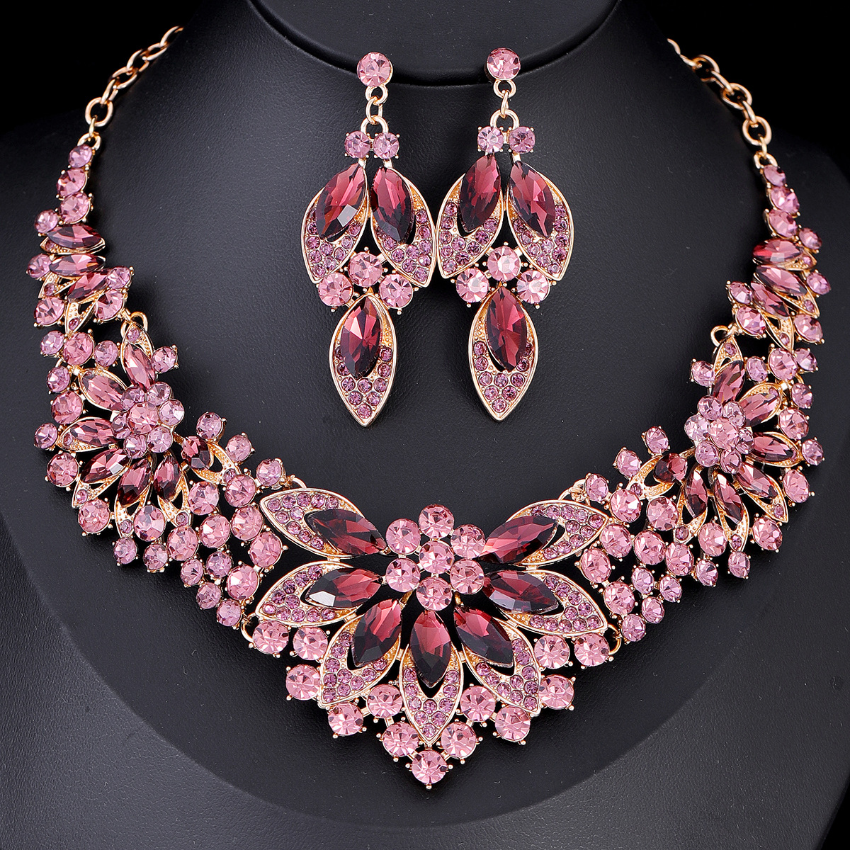 跨境欧美礼服饰品首饰套装 项链耳环两件套 彩色花朵新娘服装配饰