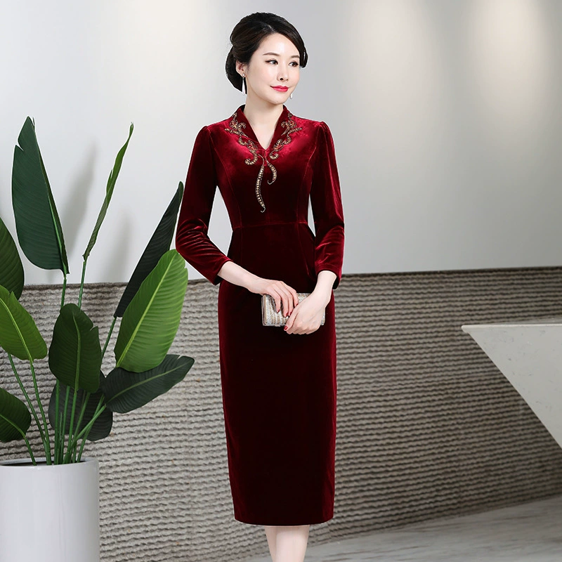 Шэньчжэнь подлинные товары бархат Cheongsam Новый Осень-зима свадьба мать-в-законе благородное платье Мать платье цельный доставка