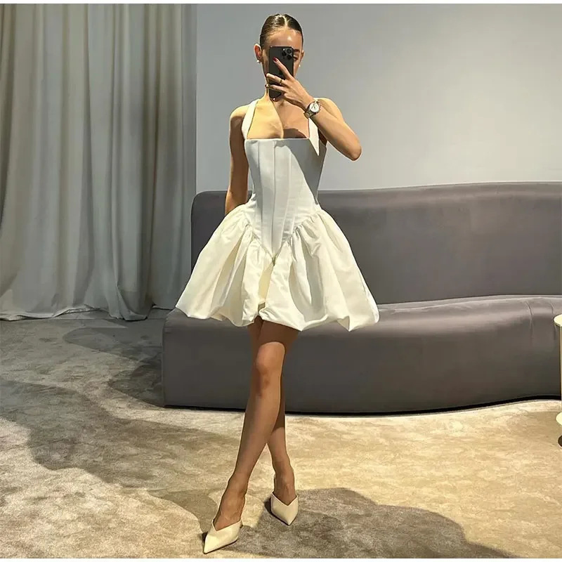 Cross Border Mini Satin Wedding Dress Square Collar Sleeveless Backless A- line Party Banquet Party Cocktail Dress