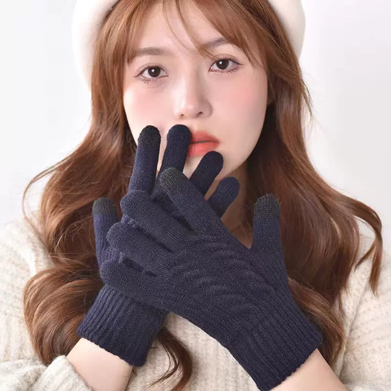 新款冬季触屏手套女针织提花跨境加厚防寒男户外加绒滑雪骑行保暖