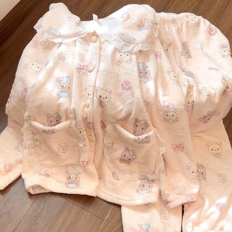 New Style Doll Collar Pajamas for Women, Autumn and Winter Thickened Flannel Coral Fleece Set, Cute Bear Loungewear for Students