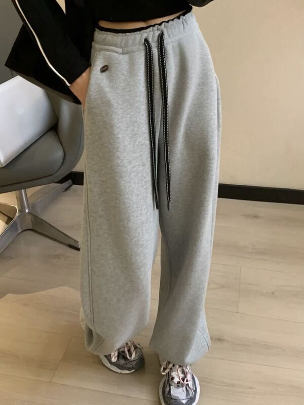2025 Winter Fleece-Lined Thick Korean Loose Snow Jogger Fashion Casual Sweatpants High-Waisted Wide-Leg Pants for Women