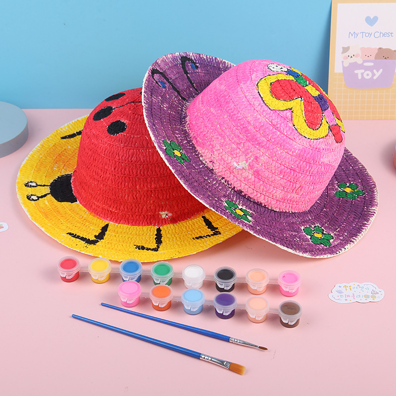 Children's DIY Graffiti Straw Hat Kindergarten Handmade Painting Straw Hat Parent-Child Activity Creative Art Material Kit
