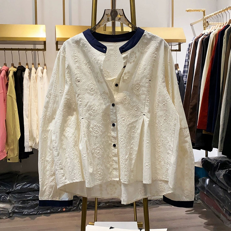 Korean and Japanese Lace Embroidery Shirt with Contrasting Collar, Knotted Embroidery Blouse for Women, New Spring and Autumn Long-Sleeve Designer Shirt Korean and Japanese Lace Embroidery Shirt with Contrasting Collar, Knotted Embroidery Blouse for Women, New Spring and Autumn Long-Sleeve Designer Shirt