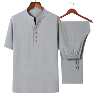 Summer men's short-sleeved Tang suit dad pullover summer clothes for middle-aged and elderly people Ice Silk thin suit summer grandpa clothes