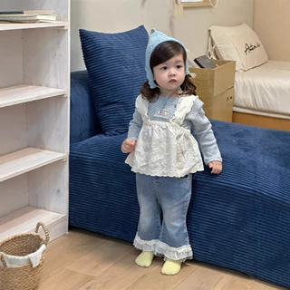 女童背带裙两件套2026宝宝春季衣服花边牛仔裤套装厂家批发定制