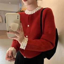 韩版时尚设计感针织毛衣开衫女2023秋冬季新款气质木耳边针织开衫