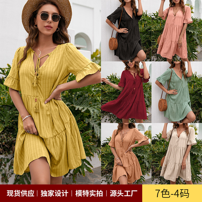 Amazon Cross-border Spring and Summer New Women's Loose Casual Dress 5-sleeve Mid-length V-neck Dress