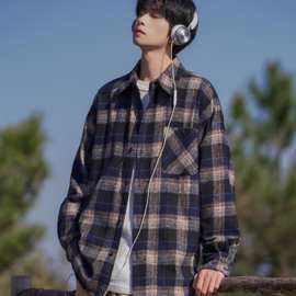 秋冬日系复古学院风呢料格纹衬衫男女款宽松百搭中性格子长袖衬衣