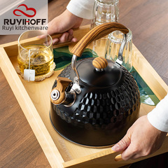 跨境黑色錘紋不鏽鋼鳴音燒水壺泡茶咖啡歐美鳴笛壺2.5L廚具響水壺