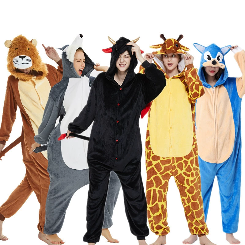 Мультяшные животные сиамные пижамы фланелевая небесная лошадь единорог акула динозавр лев пара пижамы домашняя одежда