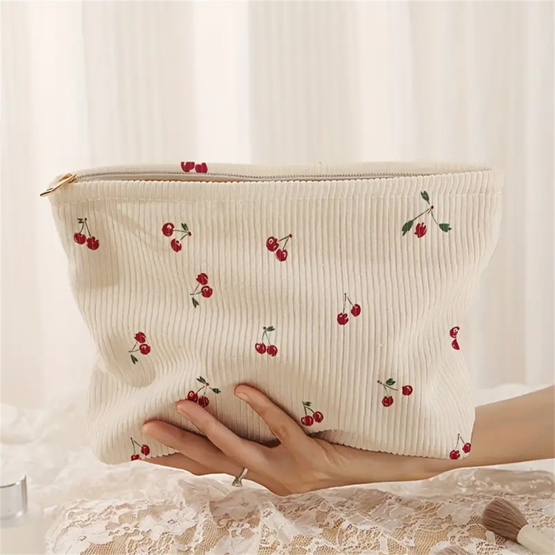 SHEIN Amazon TEMU Hand Painted Fruit Cherry Print Figure Corduroy Zipper Storage Bag Lightweight Cosmetic Bag