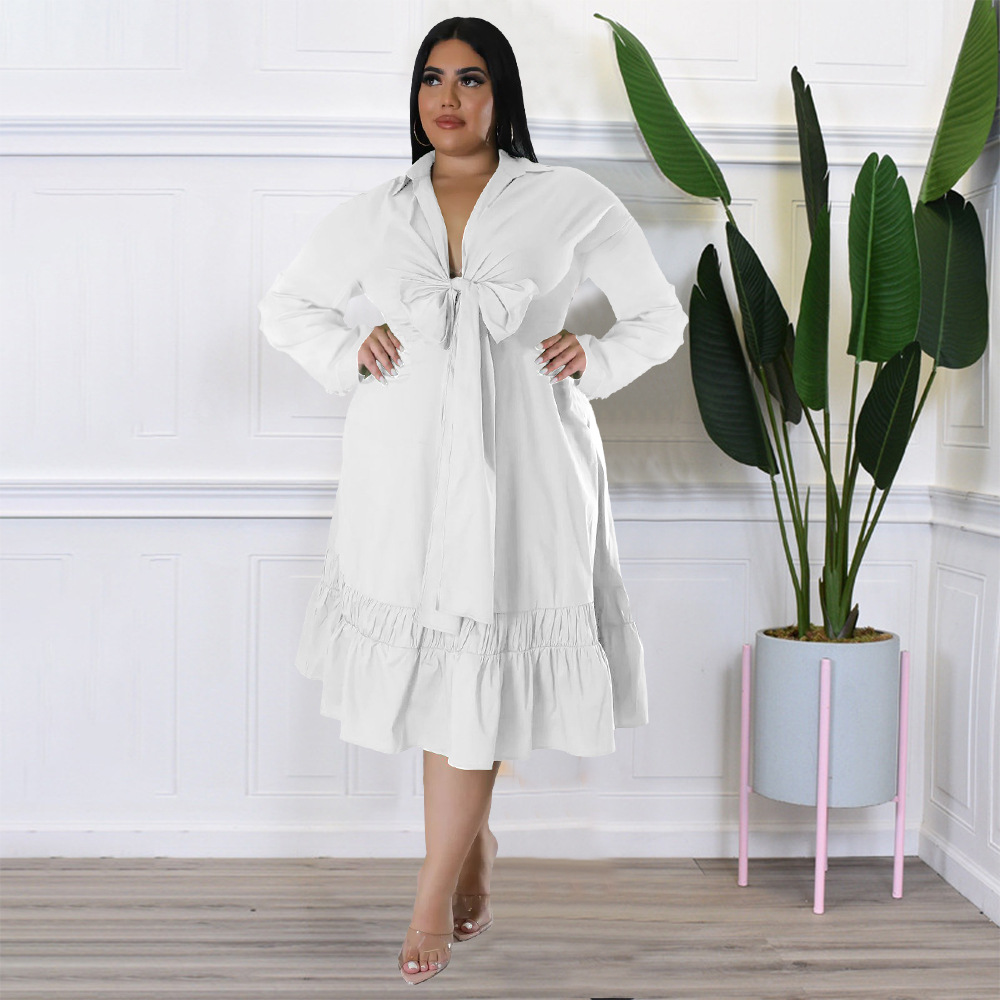ChicShe N7679 2022 Solid Color Tie Bow Shirt Sleeve Loose Casual Ruffle Plus Size Dress_voghion.com