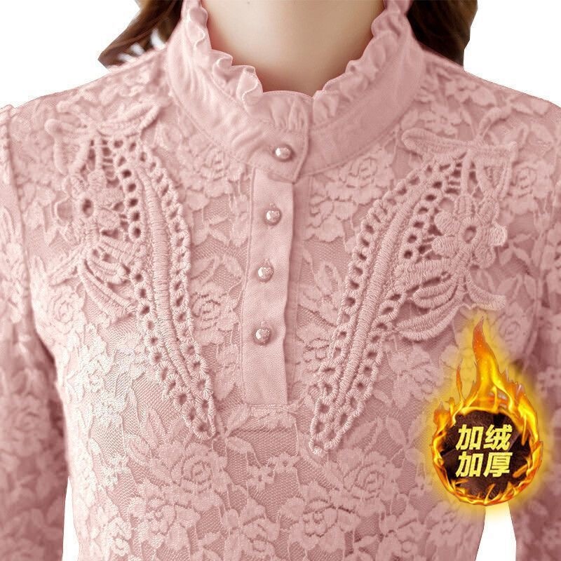 Fleece-Lined Thickened Base Shirt for Women, New Autumn and Winter Lace Shirt, Fashionable T-Shirt Fleece-Lined Thickened Base Shirt for Women, New Autumn and Winter Lace Shirt, Fashionable T-Shirt