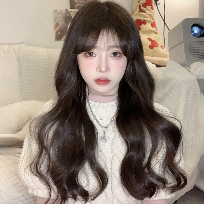 Cross-Border Wig for Women with Long Hair, Big Wavy Curls, Korean-Style Round Face, Water Wave Air Bangs, Realistic Human Hair Full Wig Cross-Border Wig for Women with Long Hair, Big Wavy Curls, Korean-Style Round Face, Water Wave Air Bangs, Realistic Human Hair Full Wig