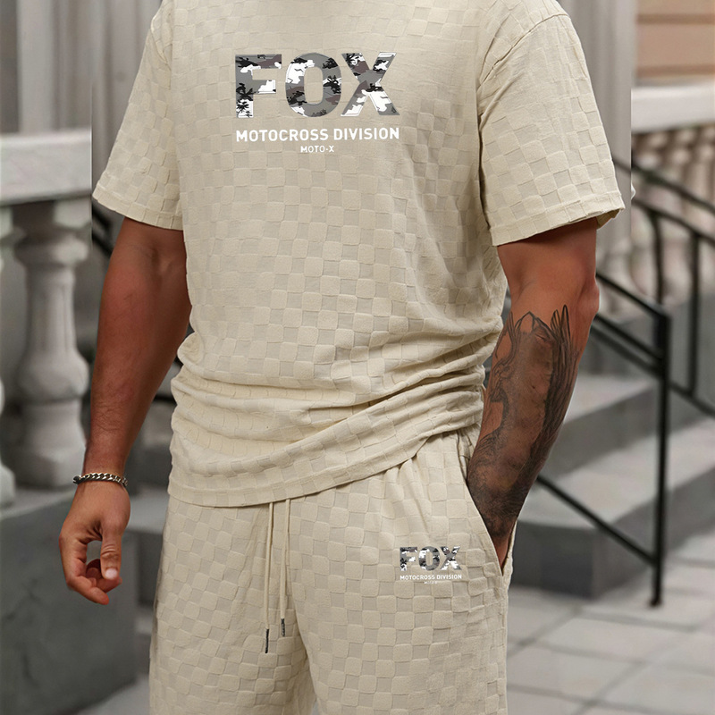 Fox Off-Road Motorcycle Men's Waffle Short-Sleeved Suit Summer Men's Loose Casual T-Shirt and Shorts Two-Piece Set