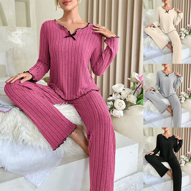 2024新款欧美款跨境亚马逊黑边绞边休闲女士家居服套装坑条Pajama