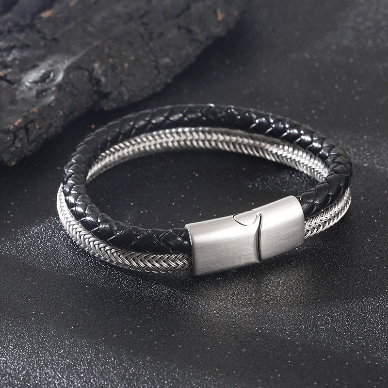 304 Stainless Steel Chain Material Handmade Chain Chain Type Simple Style Geometric Stainless Steel Leather Rope Plating Men's Bangle Men Cord & Leather Bracelets