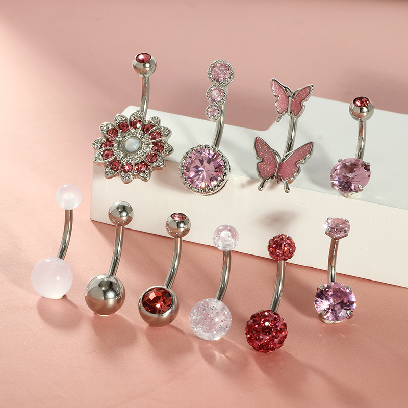 10-Piece Butterfly Diamond Pearl Shambhala Belly Ring Set - Stainless Steel Navel Piercing Jewelry detail image 7