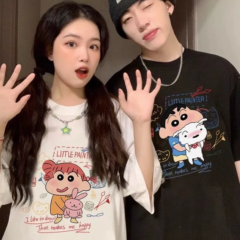 [Упаковка из двух предметов] Специальная хлопковая футболка с короткими рукавами для пар для мужчин и женщин, новая летняя одежда, модный брендовый топ Crayon Shin-chan.