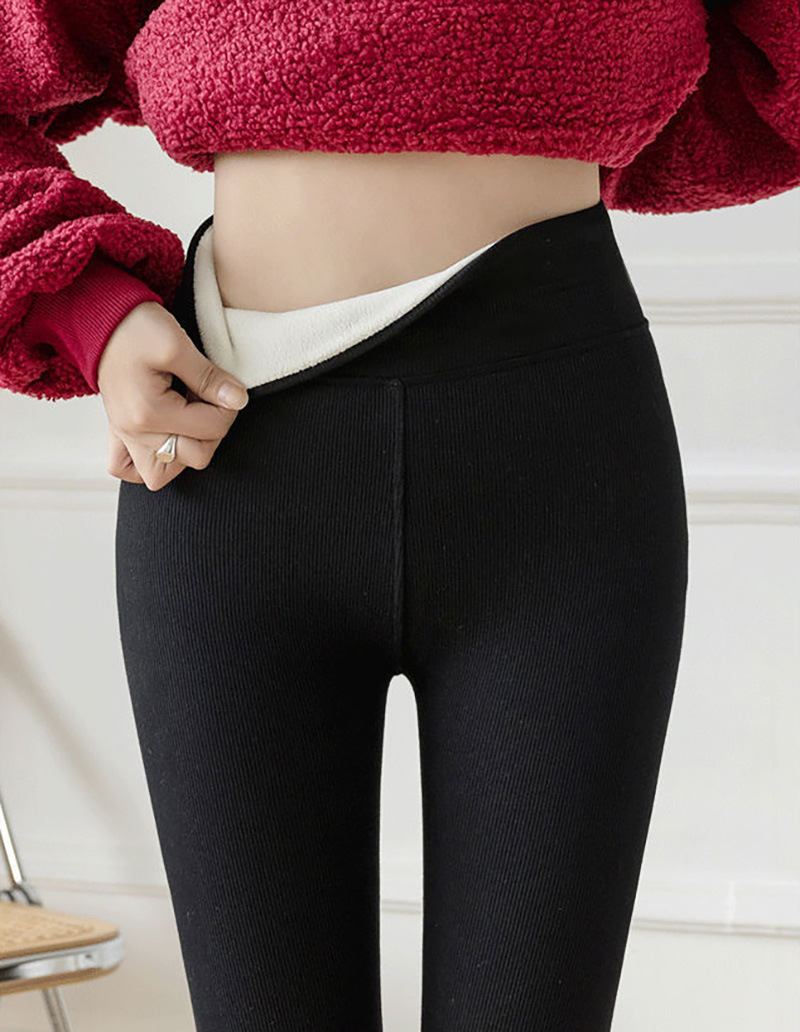 Leggings acanalados de rayas verticales con forro polar grueso, novedad de otoño e invierno para mujer, pantalones cálidos de algodón de cintura alta con letras, transfronterizos.
