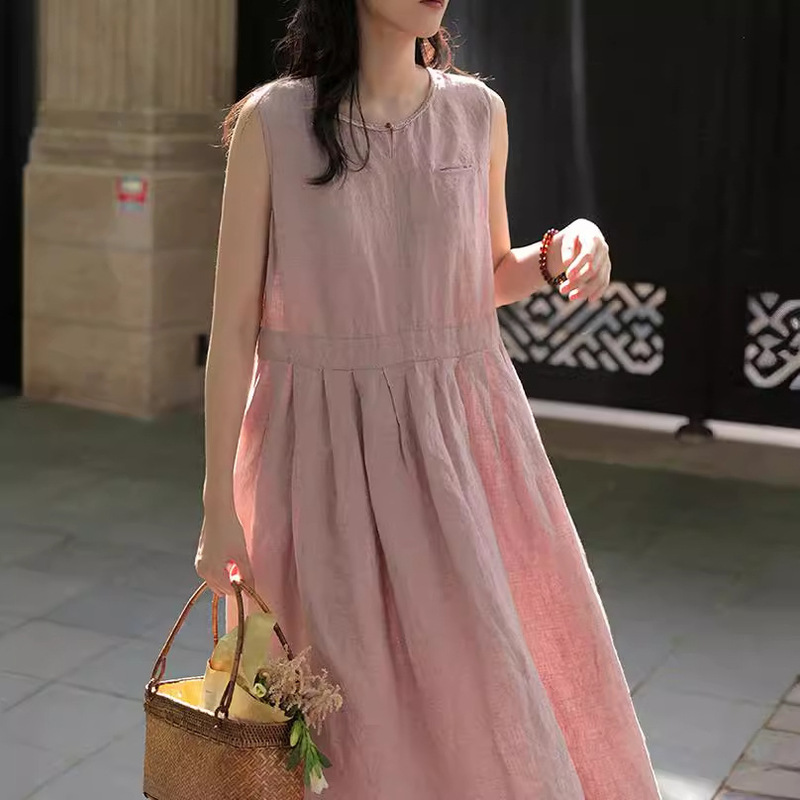 2025 Women's Summer Stone Pattern Pleated Pure Linen Dress Sleeveless Handmade Round Neck Sweet Flared Tank Dress