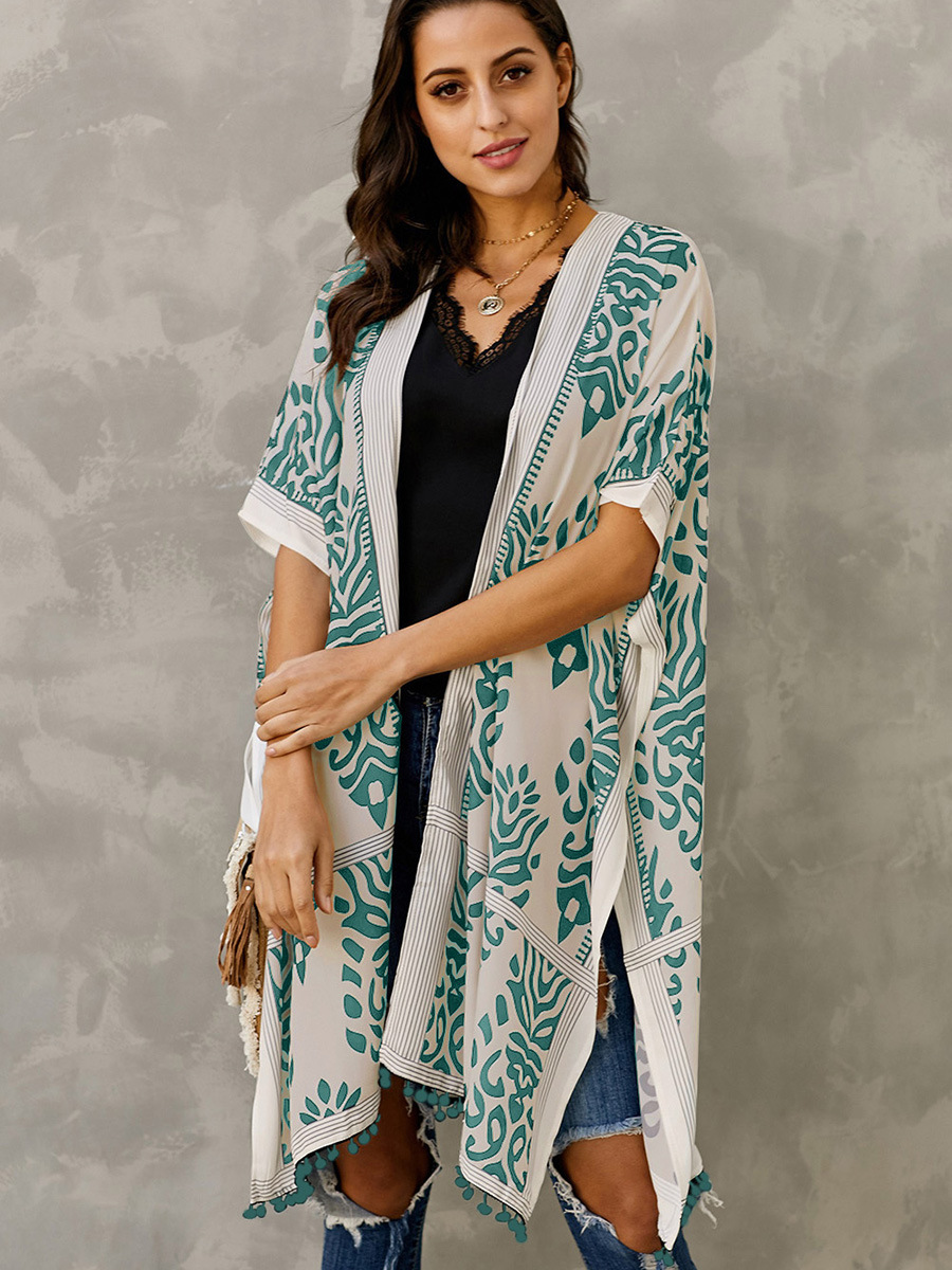 Hawaiian Seaside Vacation Cardigan Short-Sleeved Sun Protection Clothing European and American Printed Beach Cover-Up Mid-Length Bikini Jacket